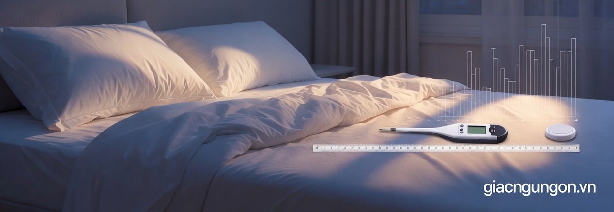 Phòng ngủ ban đêm với nhiệt kế và thước đo đặt trên giường